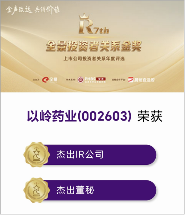 双奖加冕！以岭药业斩获“第七届全景投资者关系金奖”两项荣誉
